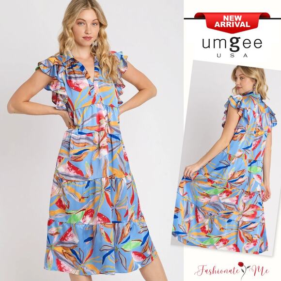 Umgee Leaf Print Double Layered Ruffle Sleeves Tiered Midi Dress | Periwinkle - Picture 1 of 7